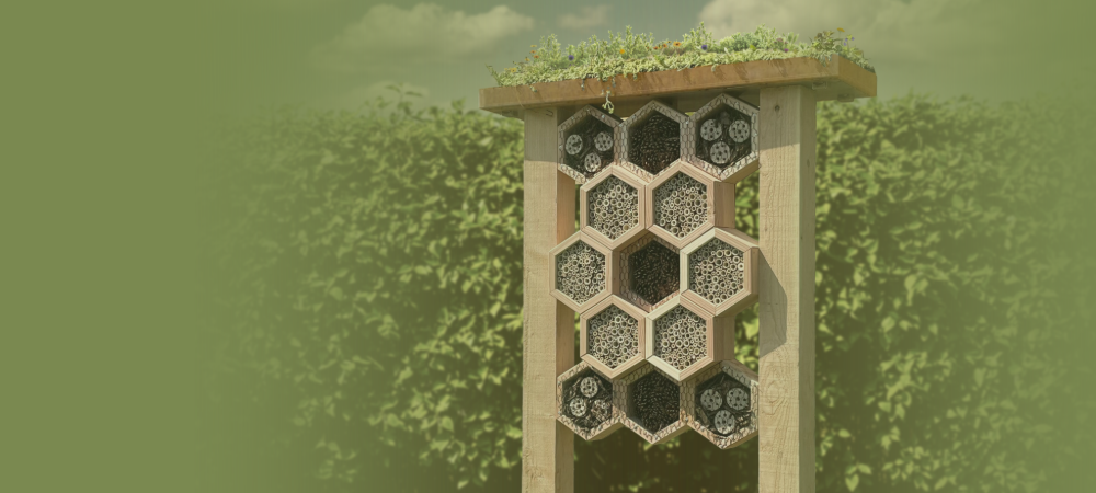 Insectenhotels met bamboe, hout, boomschors en dennenappels naast elkaar
